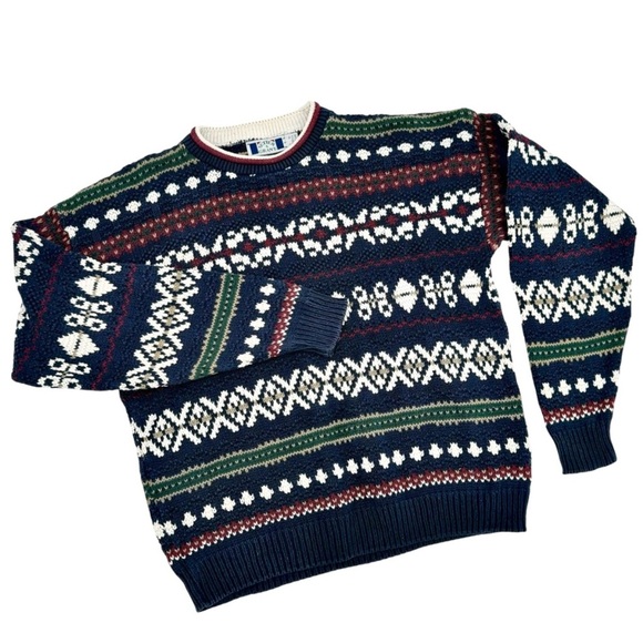 Vintage 90s Grandpa Sweater Crewneck Pullover Geometric Stripes 100% Cotton | L - Picture 1 of 10